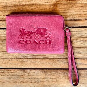 COACH Corner Zip Wristlet with Horse and Carriage in refined pebble leather